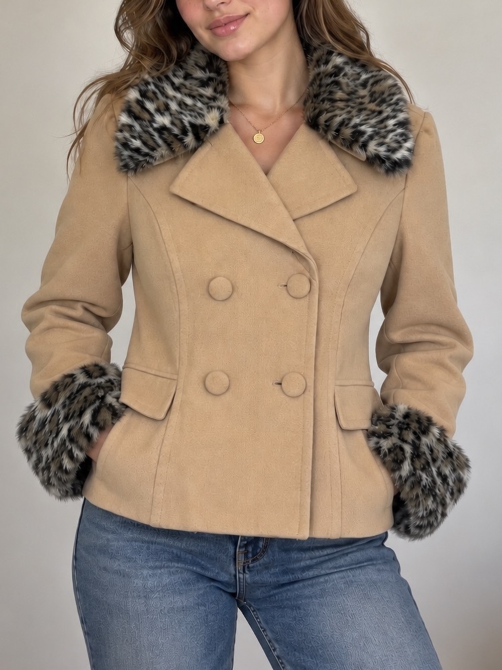 INC International Concepts Camel Wool Blend Leopard Faux Fur Peacoat Medium